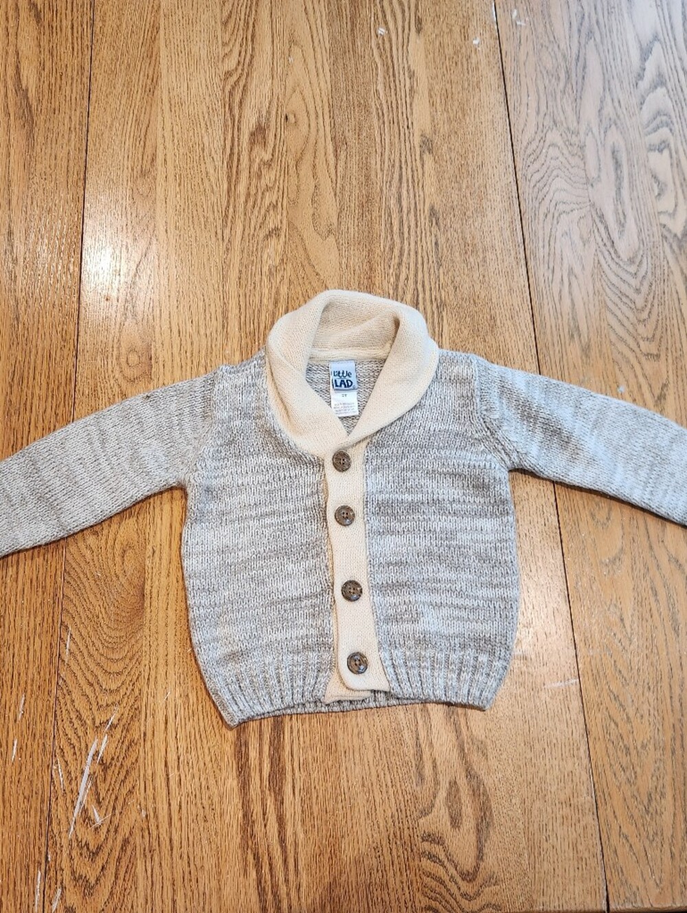 Little Lad Cream & Gray Shawl Collar Knit Cardigan